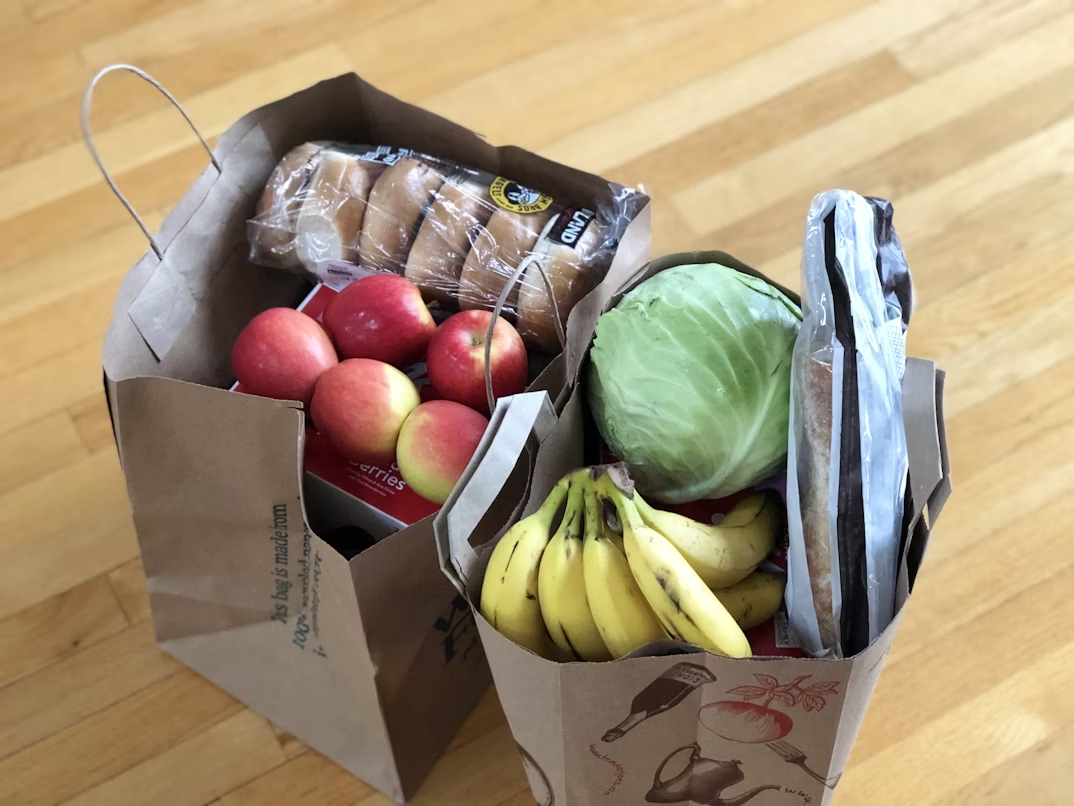 Two paper grocery bags with fresh produce and pantry staples, illustrating smart grocery budgeting tips and seasonal shopping.