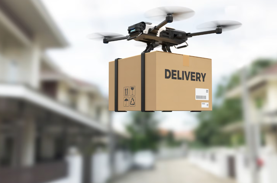 Quadcopter drone carrying a delivery box, illustrating the future of food delivery.