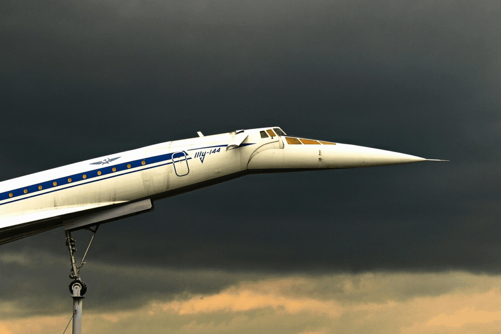 Close-up of a vintage supersonic airliner with a long pointed nose, symbolizing the return of supersonic flights.