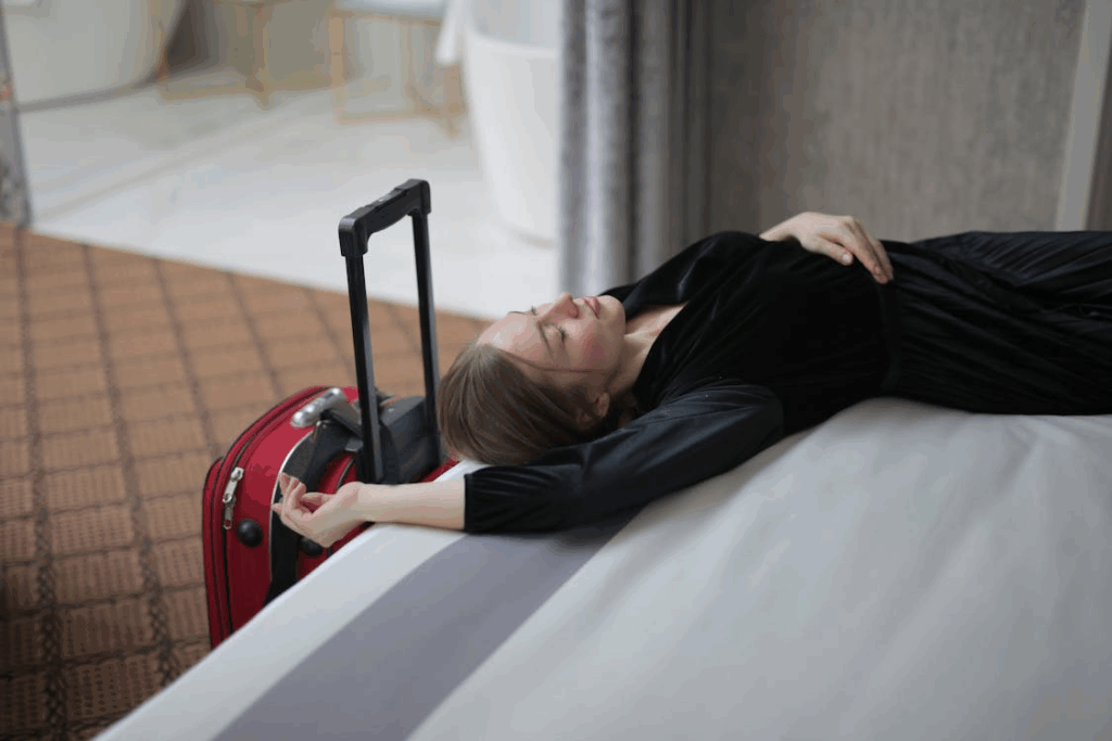 Jet lagged traveler resting on a hotel bed beside a red carry-on suitcase, illustrating travel stress.