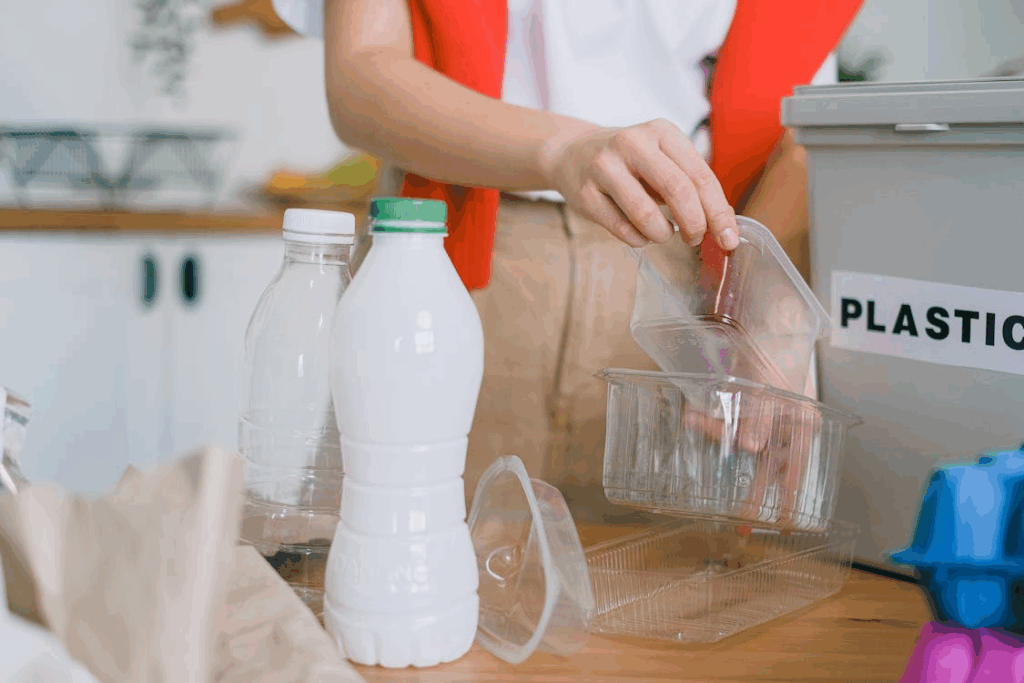 Person separating clear food containers and bottles, highlighting next-gen biodegradable plastics.