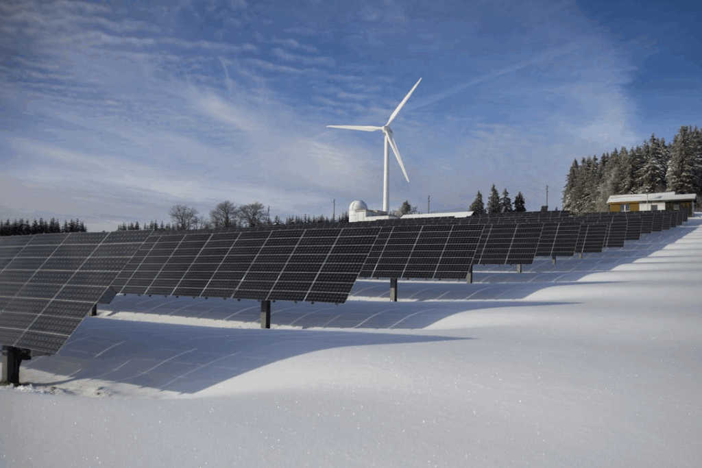 Rows of solar panels with a wind turbine in a snowy field, illustrating renewables driving green economy innovations.